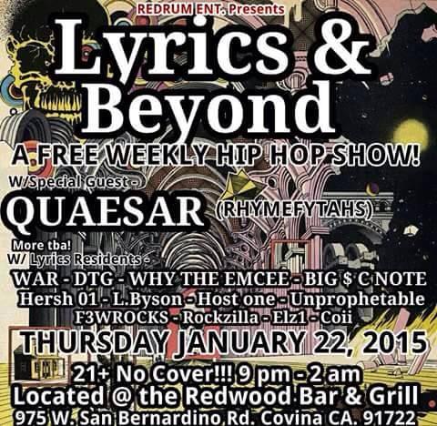 quaesar's tweet photo. 2nite! #LyricsAndBeyond #undergroundhiphop FREE! 21+ #DJWAR420 #HOST1 @unprophetable49 @Why_The_Emcee #hiphop #LA http://t.co/3pgAQspBUf