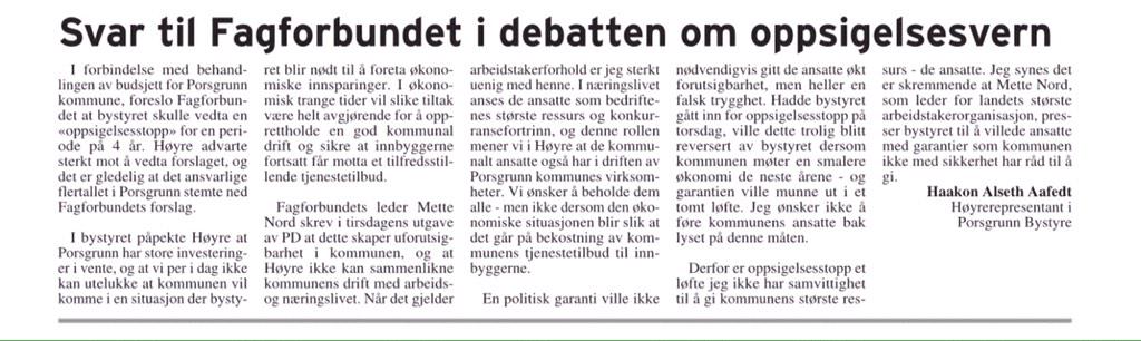Aafedt's tweet photo. I dagens utgave #PD svarer jeg #Fagforbundet hvorfor #Høyre ikke vil garantere "Oppsigelsestopp". #tomtløfte http://t.co/Q2HzCMX6C4