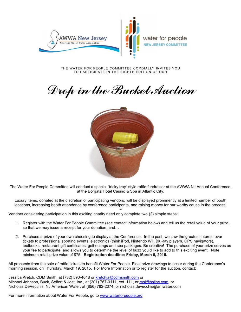 Water4PeopleNJ's tweet image. We have begun reaching out for donations for this year's #dropinthebucket Auction. See attached flyers