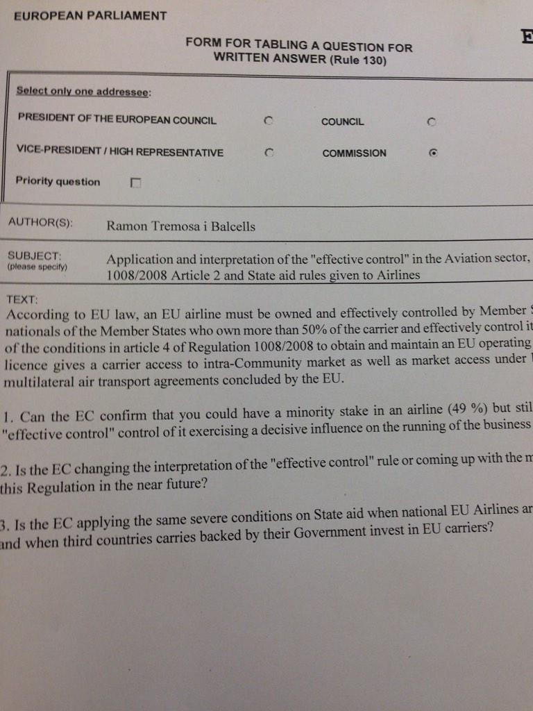 UGambini's tweet image. Interesting question to @EU_Commission from @ramontremosa  on #effectivecontrol #aviation sector @EUAirlines @IATA