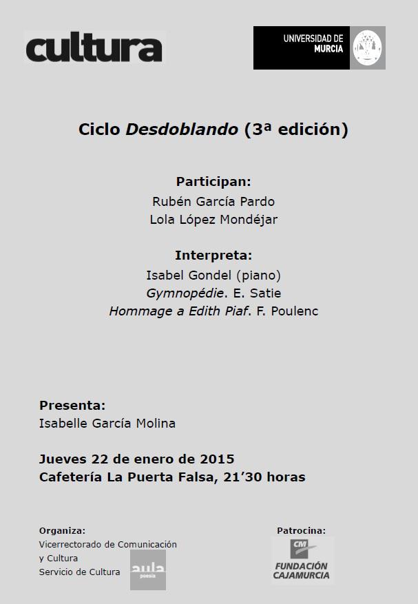 culturaum's tweet photo. Ciclo Desdoblando, hoy, 21:30 , en La Puerta Falsa: Rubén García Pardo y Lola López Mondéjar. Música: Isabel Gondel. http://t.co/GDvyDOWzT3