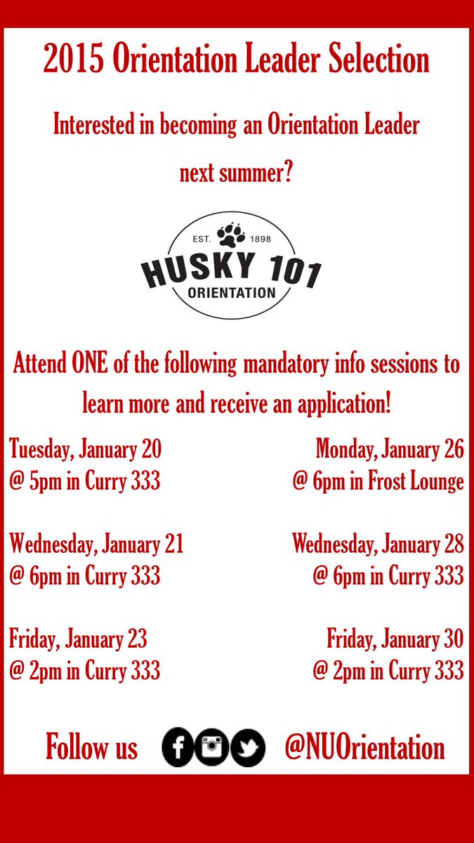 NUVPWankel's tweet photo. Thinking about being a #Northeastern Orientation Leader? Check out an info session and see what it's all about:http://t.co/SfKXyszTb1