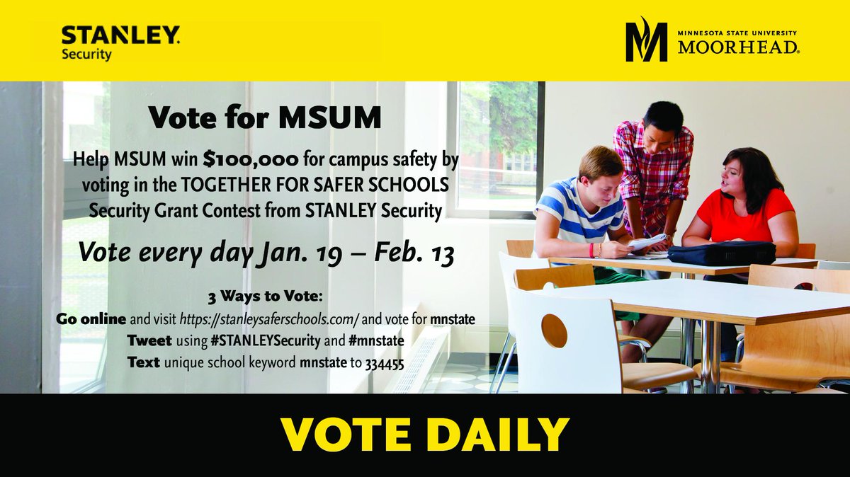 MSUMStudentLife's tweet image. Did you know there are 3 ways to VOTE for the #STANLEYsecurity grant that #mnstate can win?