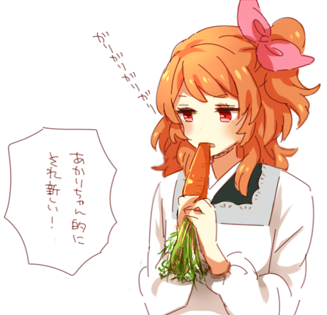 前に出たお題を今やる。割烹着姿で不機嫌な顔で生野菜をかじるあかりちゃん 