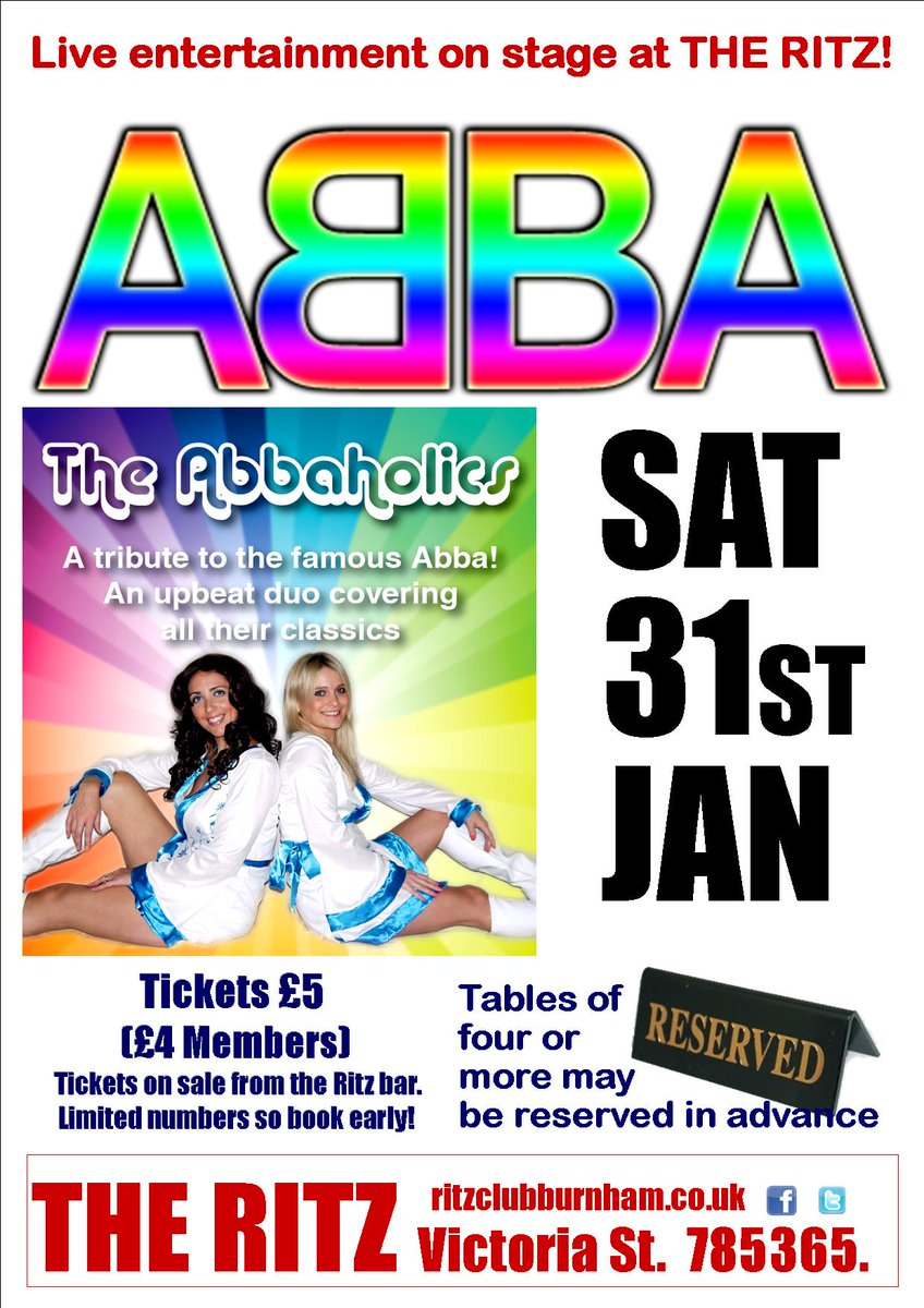 RitzClubBurnham's tweet photo. Don't miss one of the UKs top ABBA tributes,live on stage at the RITZ
 -Sat 31st January. Tickets selling fast! http://t.co/SApHUNHd1p