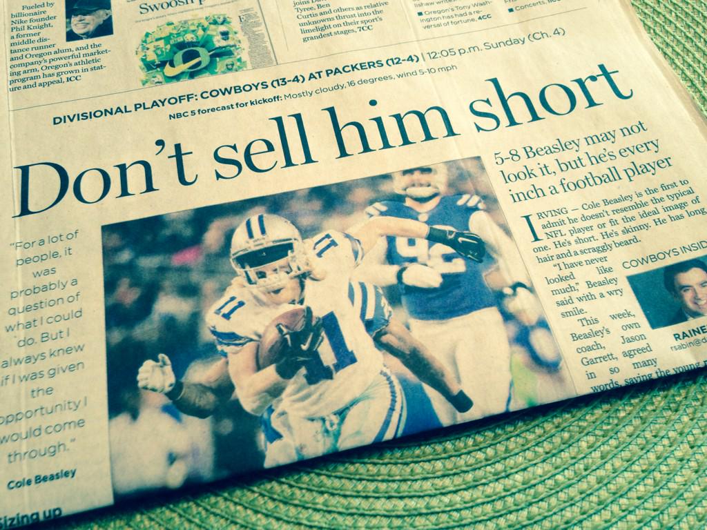 SMU's tweet photo. Great @dallasnews piece on @SMUMustangs favorite son @Bease11 re: @dallascowboys confidence, contributions. Go Cole! http://t.co/NYTD3aDeA0