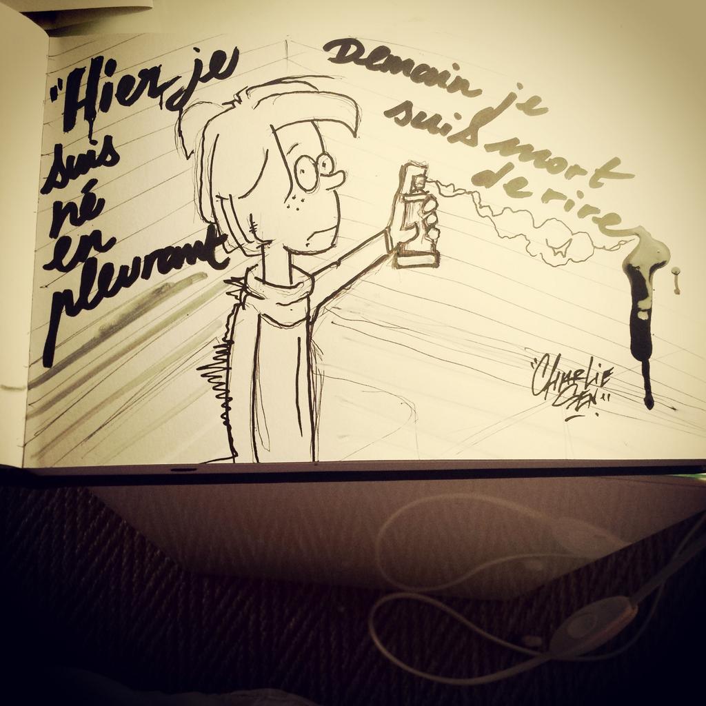 PierreCsen's tweet photo. "Hier je suis né en pleurant, demain je suis mort de rire." C.Sen #CharlieHebdo #CharlieSen #RecreA2 #GraffitiCulture http://t.co/Ew2iefVG6Z