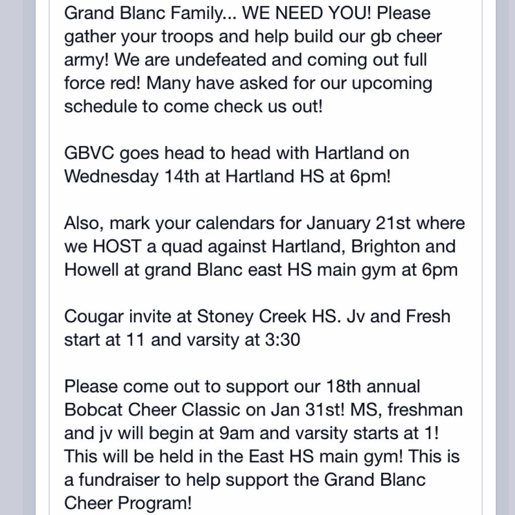 GBCheerArmy's tweet photo. Come support Grand Blanc Cheer! We are undefeated and @GBSection we need you!! #fullforcered #fireupcats #bethere http://t.co/Ywp4j9IvJS