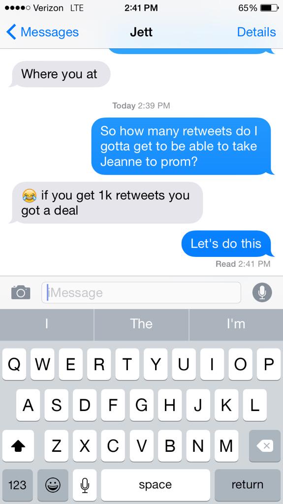 A5Pat's tweet photo. Help me get my dream girl 😉 my lady Jeanne to come to prom with me...need 1K retweets #makeawishfoundation http://t.co/ofWxosbbmo