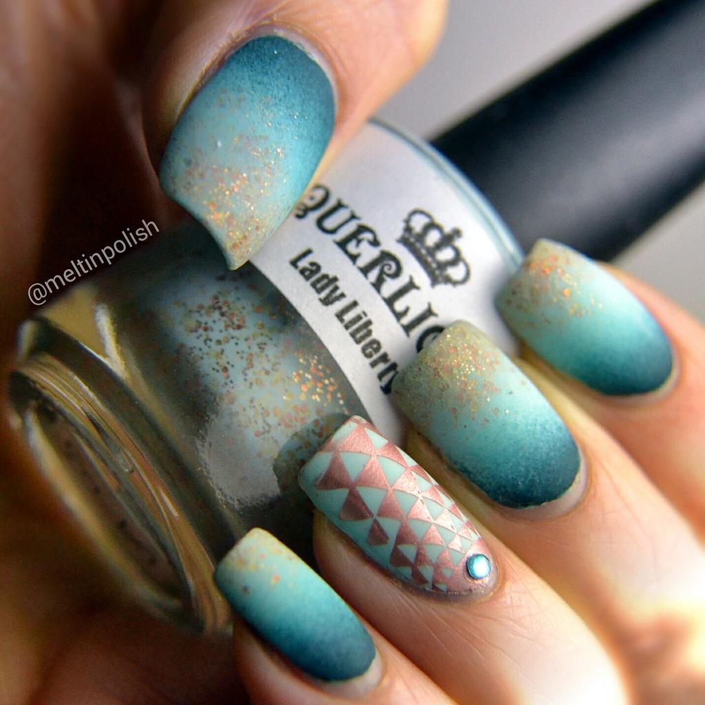 meltinpolish's tweet photo. My #gradient entry for #wnac2015 http://t.co/W74vZEO4jA #notd #manicure #nailart #nails #matte #laquerlicious #teal http://t.co/c42RUhWO1X