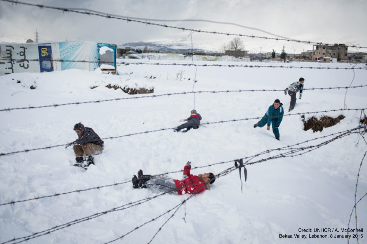 Refugees's tweet photo. Young refugees make the most of the winter conditions at an informal tented settlement in the Bekaa Valley, Lebanon http://t.co/TuNMlHQ3rJ