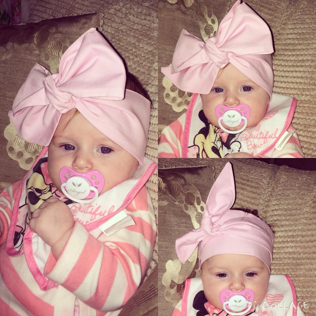 StaceyWainy's tweet photo. River wearing the 'Baby Pink' headwrap, worn as a bow and also as a double wrap in a knot. This one is £7 inc p&amp;p. http://t.co/eSSJkDt1oJ