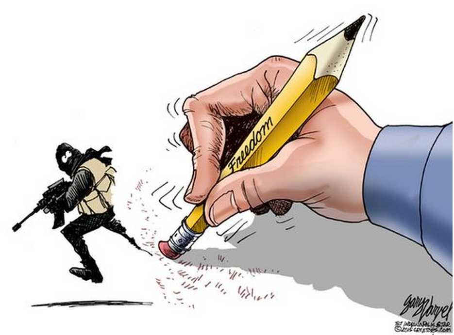 GillesKLEIN's tweet photo. La liberté efface le terroriste (dessin Gary Varvel / Indianapolis Star) http://t.co/ND9WzNl7gE