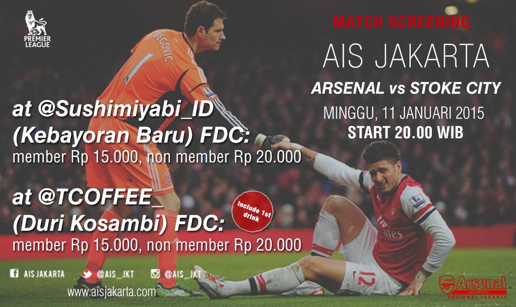 #MatchScreeningAISJKT ARSENAL VS STOKE At <a href="/Sushimiyabi_ID/">SUSHI MIYA8I Jakarta</a> Kebayoran &amp; <a href="/TCOFFEE_/">T COFFEE</a> JakBar. HTM 15/20k cc <a href="/ID_ARSENAL/">ARSENAL INDONESIA</a>