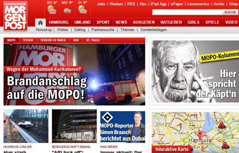 leJDD's tweet photo. Un journal allemand qui avait publié des caricatures de Charlie Hebdo a été attaqué dimanche http://t.co/NUNAstG9R3 http://t.co/IngT5z2b1r
