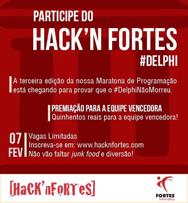 landersongomes's tweet photo. Galera vem aí a terceira edição do #hacknfortes e dessa vez a codificação será em #Delphi XE6 http://t.co/fRUoBOT3ER http://t.co/bWXTAesuVC