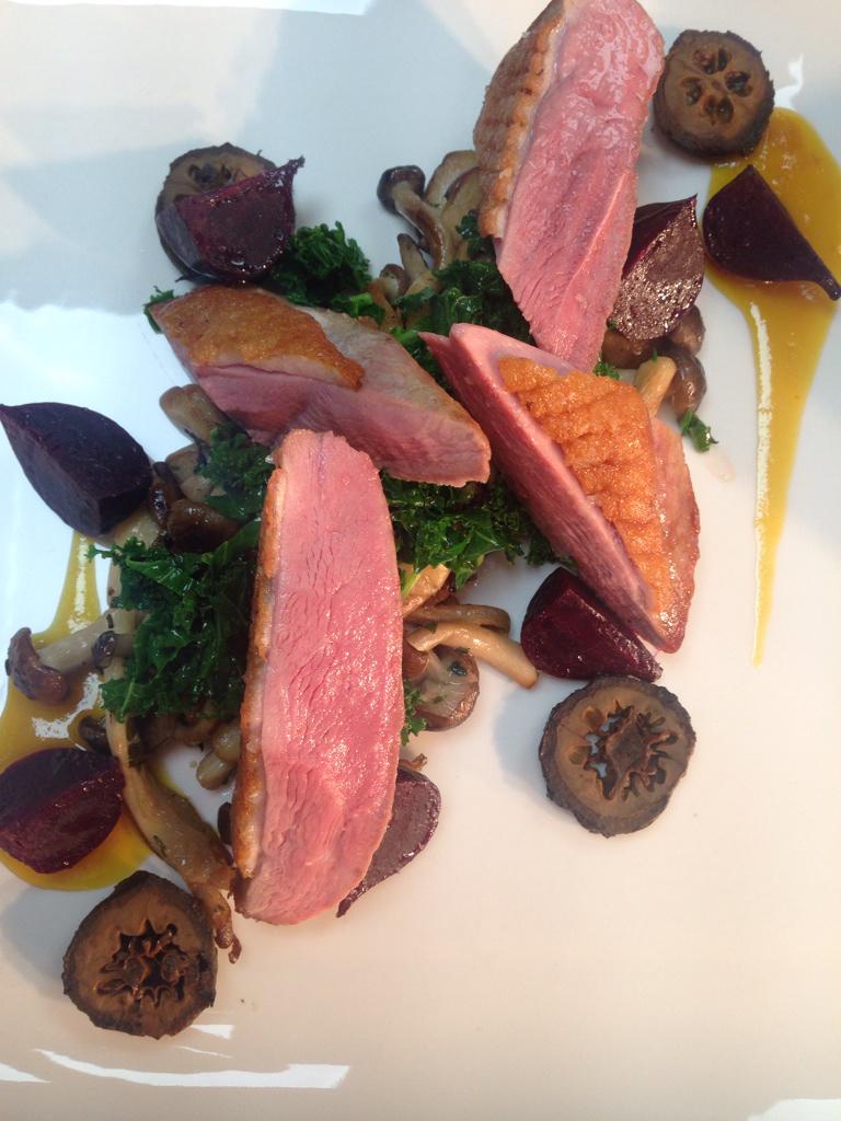 Duck breast, baby beets, pickled walnut and wild mushrooms <a href="/TowerEdinburgh/">Tower Restaurant</a> #Edinburgh #SundayLunch