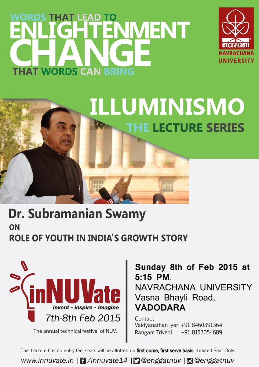 vaidya93's tweet photo. lecture series. Subramaniam Swamy at #nuv #innuvate @NavrachanaUni http://t.co/DvITQa44uS