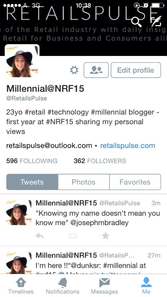 JJelver's tweet image. We are hearing about #Millennials @NRF15 why not follow one - I'm sharing my 23yo view @retailspulse #NRF15