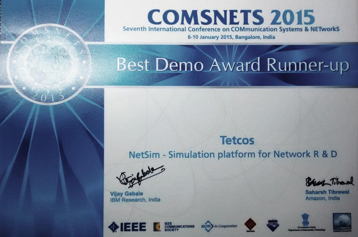 nirjharbera's tweet image. Overjoyed, My Team being awarded at COMSNETS 2015.  Kudos everyone.. #Tetcos #netsim #COMSNETS2015