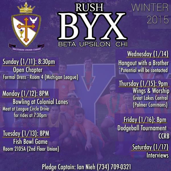 Rush week begins TONIGHT at Open Chapter! Come see what BYX is all about!
Check out rest of the events this week