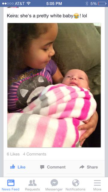 PeeJayMc's tweet image. What my niece said while holding her baby sister. #multiculturalfamily