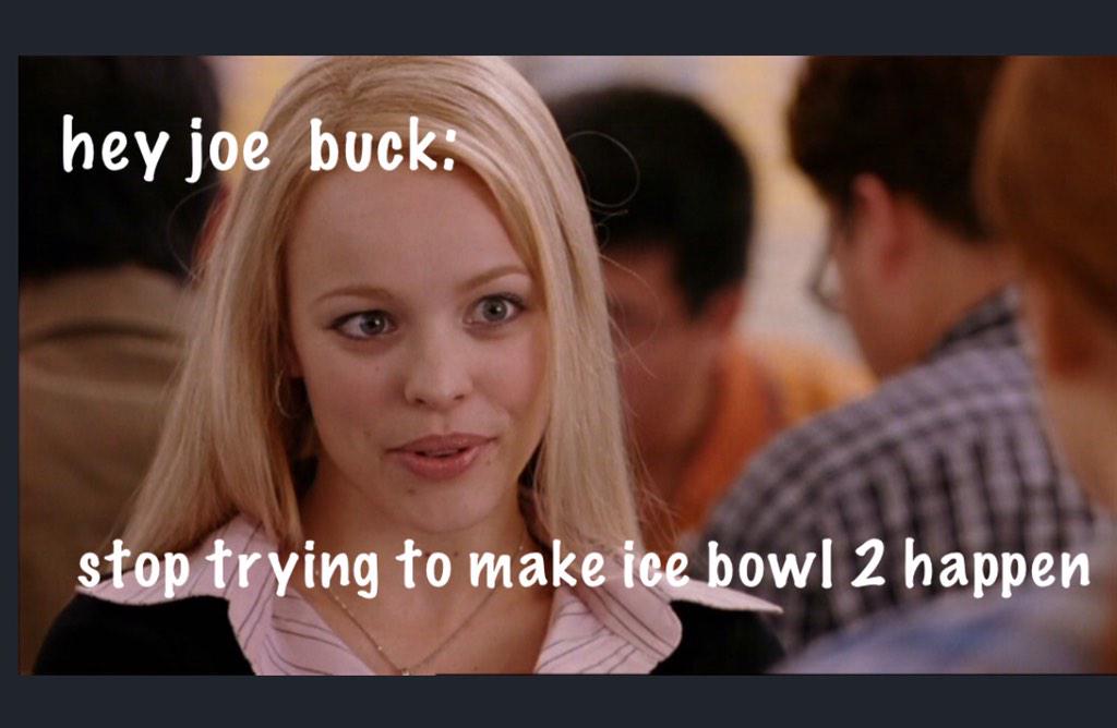 poofycombs's tweet image. Well played.  RT: @rjohnlocke: @JoeBuck stop trying to make "Ice Bowl 2" happen. It's not going to happen. #NotFetch