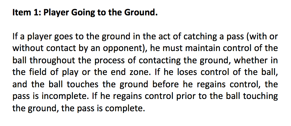 Rules governing how to "complete the process" of NFL catch are found in Rule 8, Article 3 of league's rulebook.