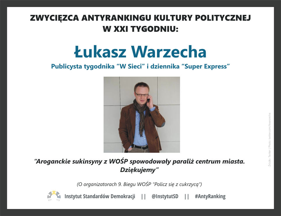 InstytutSD's tweet photo. Zwycięzcą #AntyRanking w XXI tygodniu jest publicysta "W Sieci" Ł. Warzecha. Nie gratulujemy. http://t.co/FyBPwXgweb