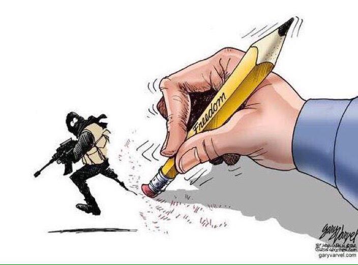 BernardLehut's tweet photo. Ce dessin de Gary Varvel, de l'Indianapolis Star, est tout simplement génial #JeSuisCharlie http://t.co/D44HXdfOod