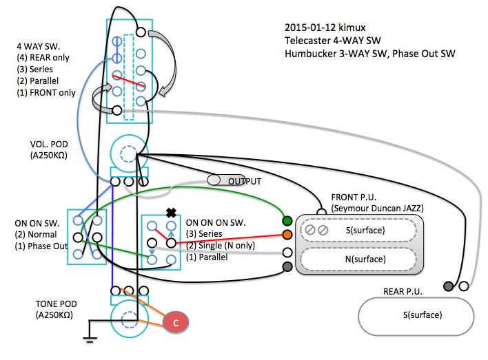 4 WAY テレキャスターの配線図、これでいいかな。ハムバッカー用 3 WAY