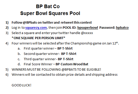 BPBats's tweet photo. Join our FREE Super Bowl Squares pool on http://t.co/Z7ItkKnkYS and win a custom maple wood bat! See details attached http://t.co/NWvcyDeARu