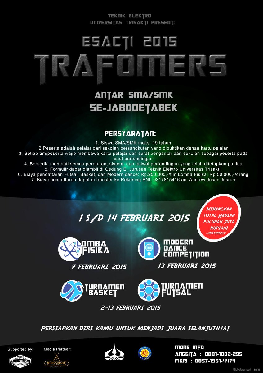 Electrical Sport and Academic Trisakti 2015 proudly present <a href="/ESACTI2015/">ESACTI 2015</a> TRAFOMERS. Be the next champion!!