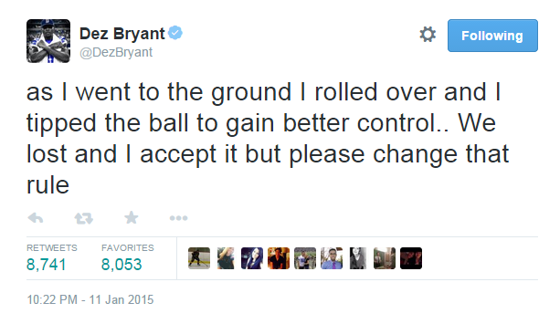 SportsCenter's tweet photo. Dez Bryant tweets on controversial play from Cowboys-Packers game: "Please change that rule." http://t.co/jjV9jmdIcy
