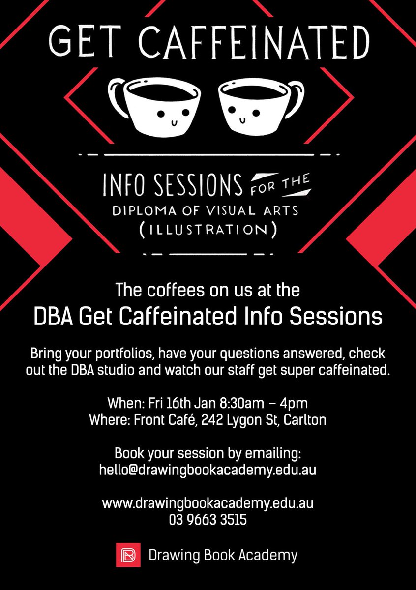 DrawBookAcademy's tweet photo. We're inviting you to Get Caffeinated and get yr q's about DBA and in Melbs this Fri. http://t.co/gn3gwXt9TR http://t.co/gKXC7MwXl0
