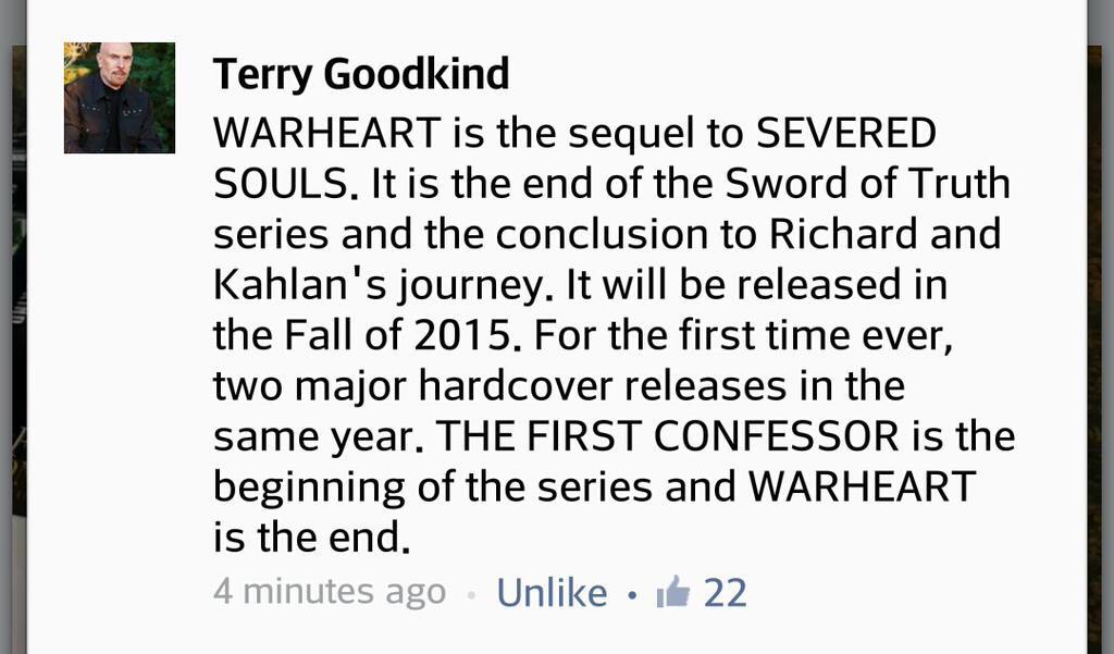 luvvenice's tweet photo. @terrygoodkind Cannot wait to read Warheart later this year #swordoftruth #richardandkahlan http://t.co/ze1EahSaPN