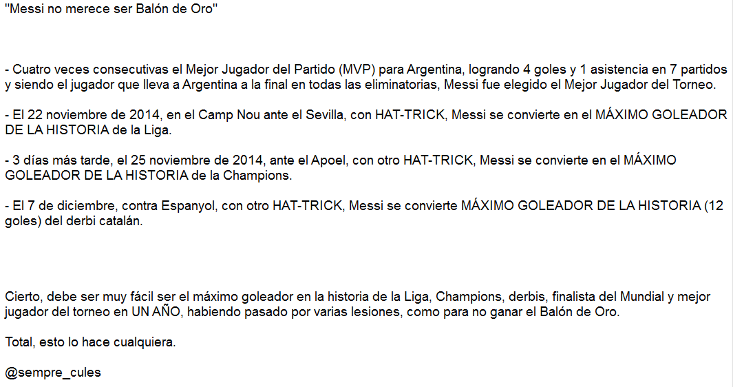 barcaisprime's tweet photo. "Messi no merece el Balón de Oro" http://t.co/vaeGECD6JO
