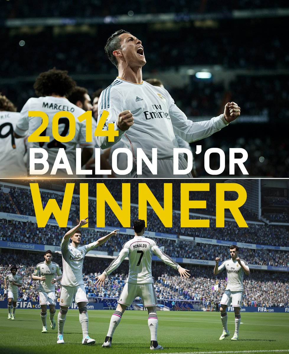 EASPORTSFC's tweet photo. Congratulations to @Cristiano on winning his third @FIFAcom #BallondOr! #CR7 #Ronaldo http://t.co/q9BYUT7owL