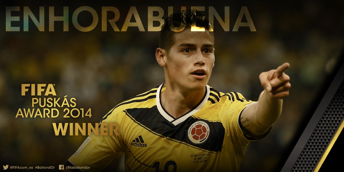fifacom_es's tweet photo. #BallondOr - El Premio #Puskas al Mejor Gol del Año es para @jamesdrodriguez: http://t.co/QkT7uEIIjL http://t.co/Lxptpy9rfO