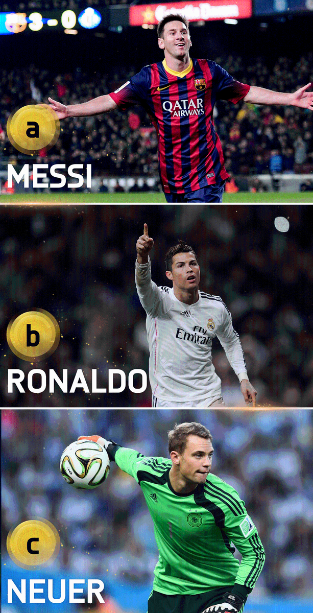 FutXBLWagers's tweet photo. “@EASPORTSFIFA: Your pick for @FIFAcom #BallondOr - A, B or C? #Messi #Ronaldo #Neuer http://t.co/uPTeGcQG9d”B Ronaldo !