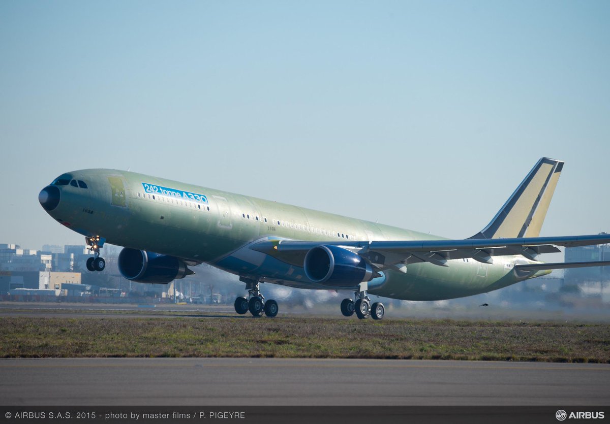 Airbus's tweet photo. The first 242 tonne take-off weight #A330 just completed its first flight http://t.co/tZzq5xJAkJ http://t.co/VPXfECxMnh