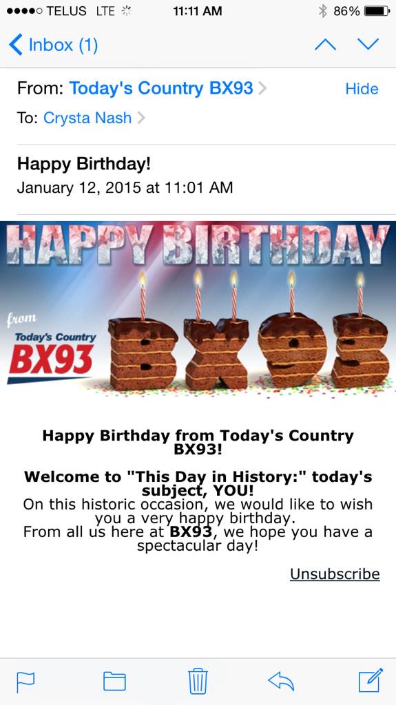 PureCountry93's tweet photo. "@crystaalynn: I got my @BX93 #happybirthdayemail #thanksbx93 http://t.co/lCZOCrpHYS" sweet! You're welcome!