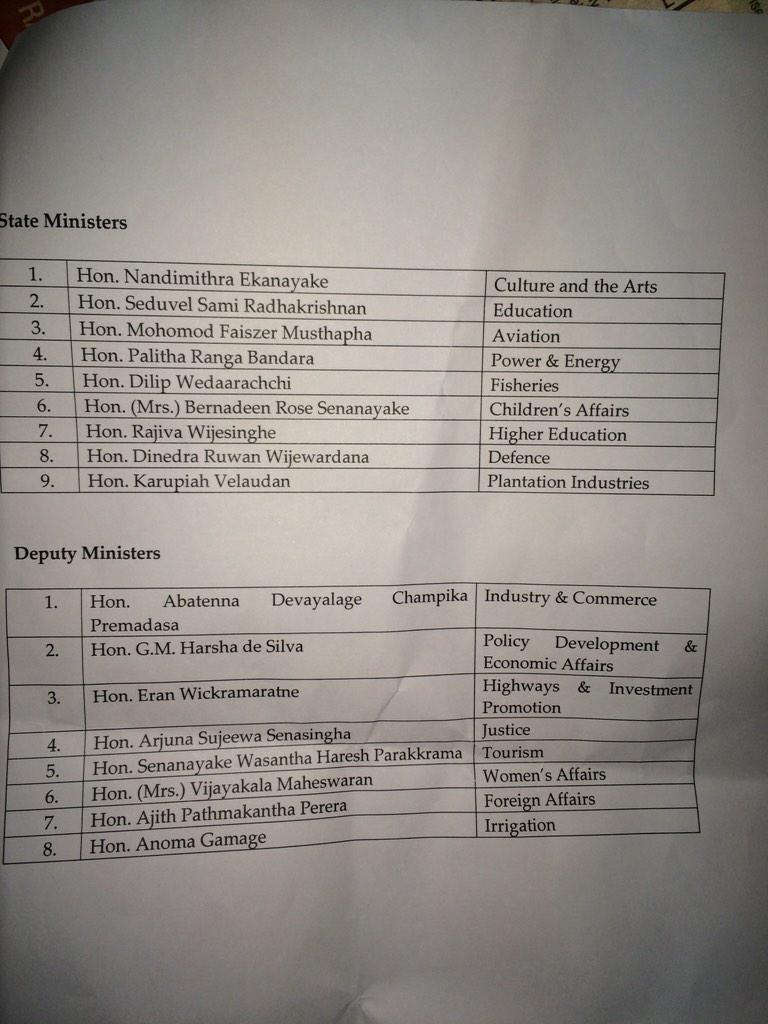 shiharaneez's tweet photo. #SriLanka @SLPresMaithri interim cabinet for 100 days http://t.co/r14DnaI6BA