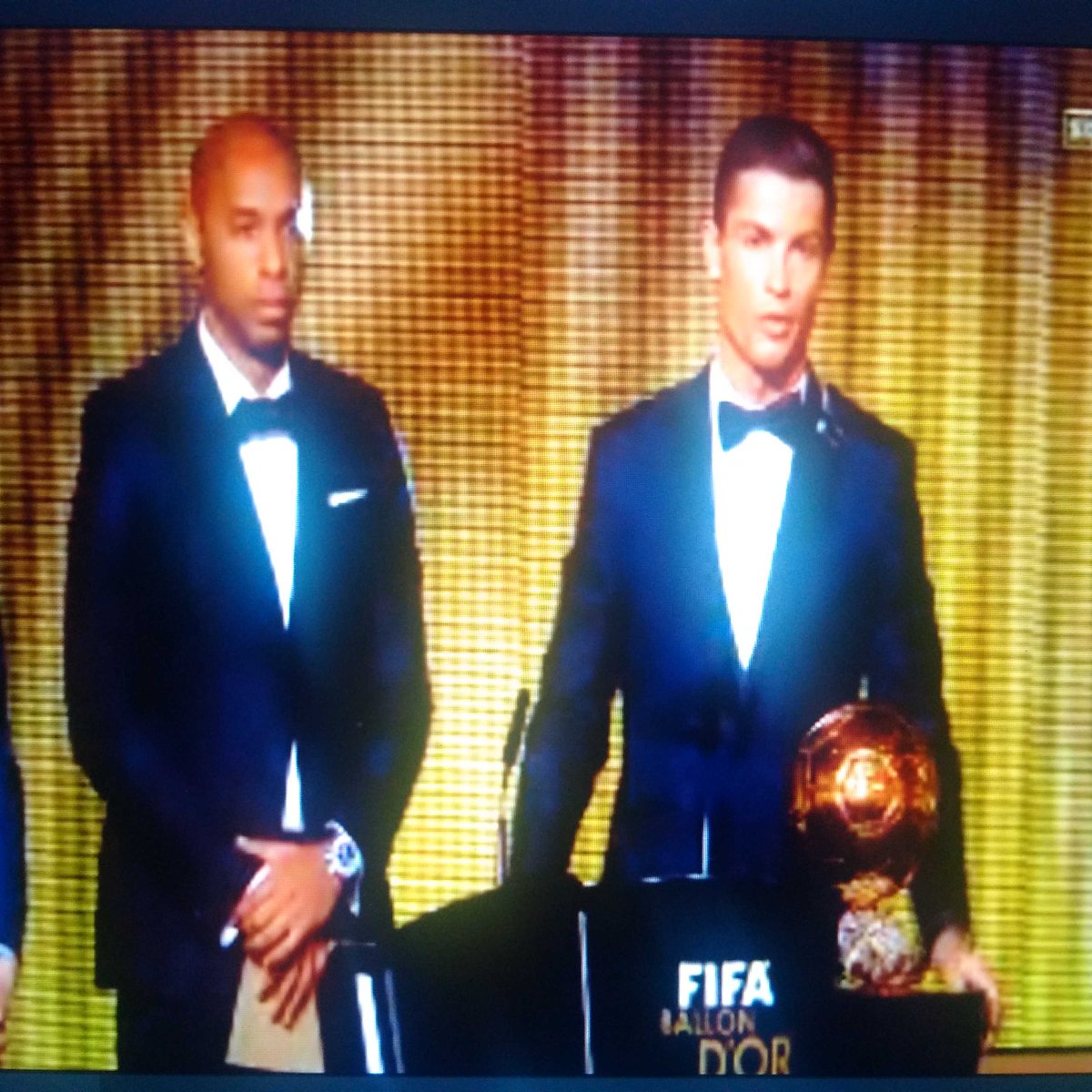 piersmorgan's tweet photo. Greatest player in world football... presents Ballon d'Or to Ronaldo. http://t.co/168veI86A0