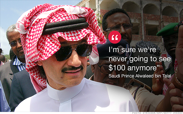 CNNMoneyInvest's tweet photo. #Oil will never return to $100. At least that's what Saudi Prince Alwaleed says: http://t.co/zWtCQLCJng - @MattMEgan5 http://t.co/RIJJCYdh6H