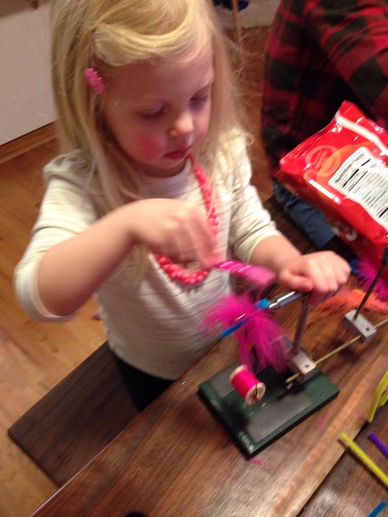 FishMiss82's tweet image. Miss Madison on the vise! #flytying #steelhead #kiddietable #children