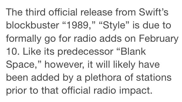 TSwiftNZ's tweet image. &apos;Style&apos; has just been confirmed as the third single from 1989 and will formally hit radio on Feb. 10th!