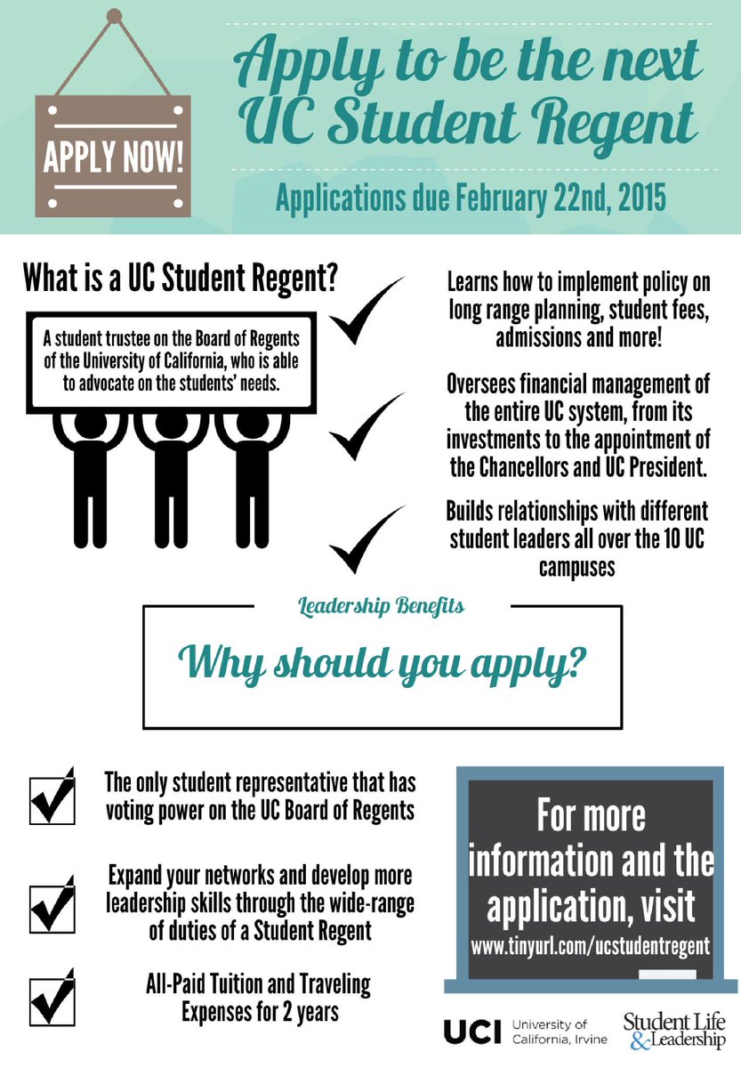 Interested in 2 years of paid tuition?! Apply to be a student regent!  tinyurl.com/ucstudentregent