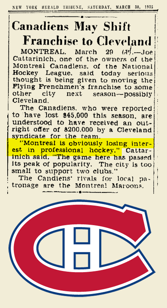 ToddRadom's tweet photo. From the "WTF?" Department—I had no idea that the Montreal Canadiens discussed a move to Cleveland in 1935: http://t.co/jxKA2vTvCN