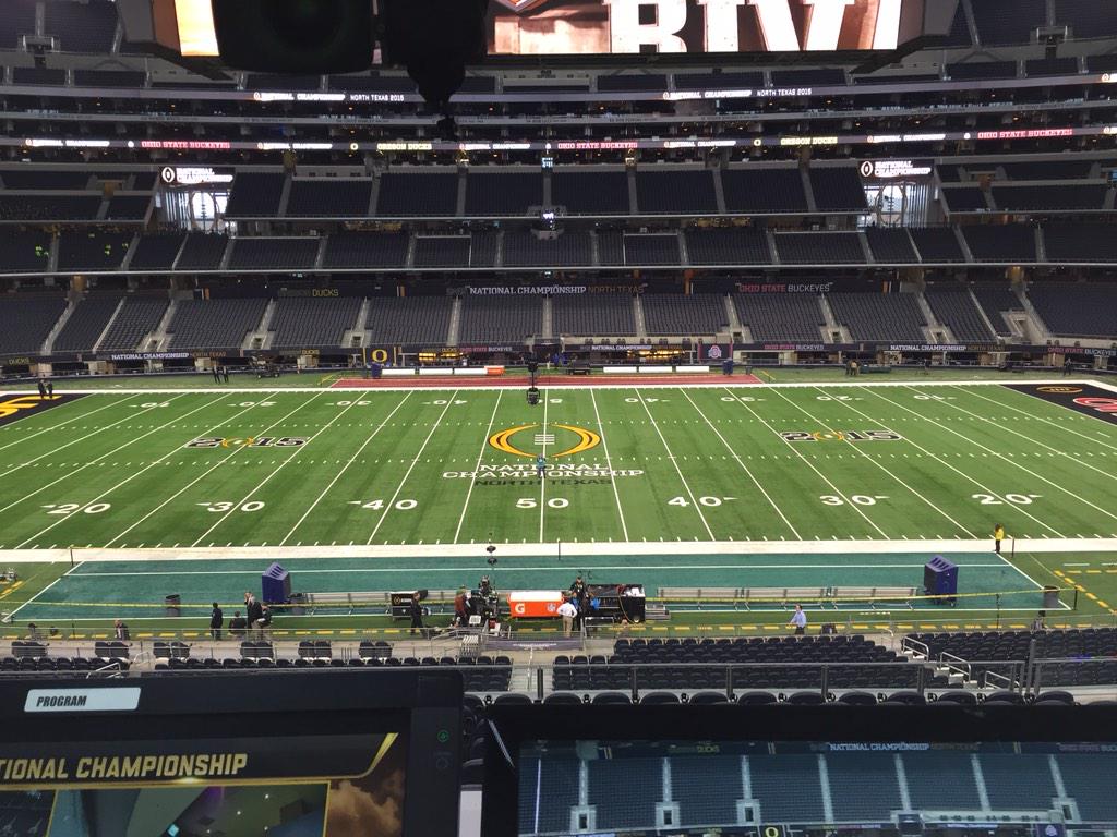SportsCenter's tweet image. Calm before the storm. The view that Chris Fowler and Kirk Herbstreit will have for the CFP Championship Game.